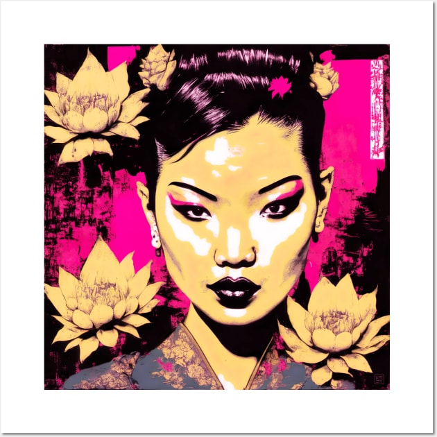 [AI Art] Nonexistent Asian woman with lotus flowers in the spirit of the works of Herman Brood Wall Art by Sissely